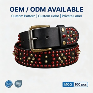 <span class=keywords><strong>Ceinture</strong></span> en cuir cloutée pour <span class=keywords><strong>homme</strong></span>, noire, en cuir véritable, rivets rouges et dorés, style punk biker, vente en gros, OEM ODM - Product Image 1