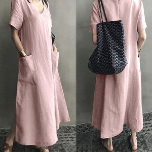 V-neck Cotton Linen <b>Loose</b> <b>Dress</b> Women Summer Casual Solid Color Vintage Style Daily Wear Long Sleeveless <b>Dress</b> - Product Image 2