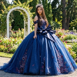 Vestido de Quinceañera Azul Medianoche Dy1554 de Gasa con Apliques, Escote Corazón, Lazo Bordado, Estilo Princesa Vintage, con Sujetador Incorporado - Product Image 1