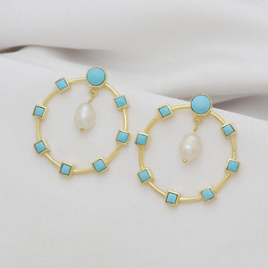 Most Selling Gold Plated Brass <b>Turquoise</b> and Pearl Big Round Multi Stone <b>Stud</b> <b>Earrings</b> for Women - Product Image 1