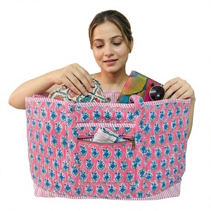 Eco Friendly Handmade Magnetic Closure Tote Bag floral Cotton Quilted Shoulder Shopper Bags Travel Utility Organizer Set - Product Image 1