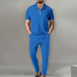 I-0497 Ensemble d'été deux pièces pour homme, style streetwear formel, écologique, couleur unie, col montant, manches courtes, fermeture éclair - Product Image 6