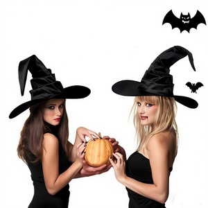 Sombrero de bruja de Halloween, accesorio de disfraz de fiesta puntiagudo plisado negro, talla única - Product Image 4