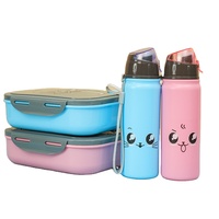Boîte à lunch et gourde pour enfants motif chat et éléphant, 4 compartiments, compatible micro-ondes, sans BPA, anti-fuite, pour l'école et les pique-niques