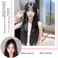 Wig rambut sintetis wanita gaya manis, panjang lurus, hitam, model mesin, poni tengah, mengembang, natural, modis, untuk sehari-hari, full top