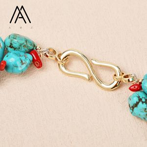 Collana Vintage Stile Bohémien <span class=keywords><strong>con</strong></span> Doppia Catena e Ciondolo in Turchese e Corallo Rosso, <span class=keywords><strong>Girocollo</strong></span> Placcato Oro <span class=keywords><strong>con</strong></span> Perline per Feste - Product Image 6