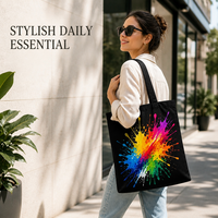 Sac fourre-tout en toile noire avec logo personnalisé, éclaboussures de peinture colorées, sac de shopping réutilisable en coton, sac à main écologique, sacs à bandoulière