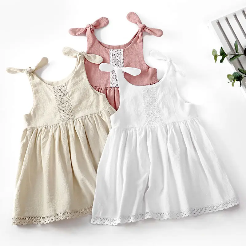 Latest Design Lace Ruffle Plain Kid Tank Top Dresses Children Linen Cotton Toddler Dresses Girls