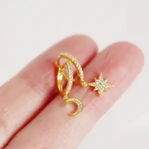 Crystal Moon Star Dangle Hoop Earrings Gold Plated 925 Sterling Silver with Charms Asymmetrical CZ Drop Cartilage Cute Earring