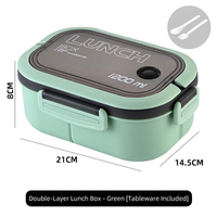 Boîte à lunch bento verte à double couche 1200 ml, conteneur à lunch en plastique avec couverts pour le bureau et l'école