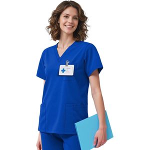 Women's V-Neck Scrub Top <b>4</b> Pocket Premium Stretch Medical Uniform Hospital Workwear Blue - Product Image 1