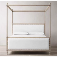 Lit à baldaquin en chêne massif sculpté à la main, style vintage français, avec panneau en tissu – Meilleure vente