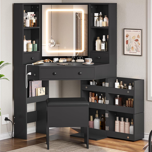<strong>Corner</strong> Makeup <strong>Vanity</strong> Desk With Charging Station Lights Mirror and Storage Stool Makeup <strong>Table</strong> With Drawers Rotating Shelves Black - Product Image 2