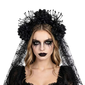 Diadema de tela hecha a mano con crisantemos de simulación de novia fantasma de Halloween para mujer, velo de calavera, pinza para el pelo, para fiesta de disfraces - Product Image 1