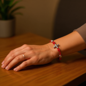 Bracelet Ilan à 7 nœuds rouge avec croix en argent fait main - Product Image 3