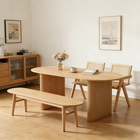 Ensemble de table à manger en bois massif, table ovale Wabi Sabi avec chaises et banc en rotin, mobilier de salle à manger minimaliste pour la maison