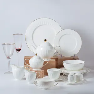 YAYU Set Peralatan Makan Keramik, Pelek Emas Mewah Porselen Tulang Putih Mangkuk Piring Cina Set Alat Makan