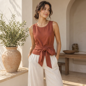 <b>Women's</b> Dusty Rose <b>Linen</b>/Cotton Blouse Sleeveless Crop Elastic Waist Belt Front Loose Elegant Casual Summer Vacation Resort Wear - Product Image 1