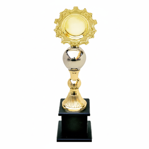 Trophée en métal classique avec un bord sunburst, coupe dorée brillante sur un socle noir, idéal pour le sport, à prix de gros. - Product Image 1