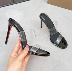 High-end brand transparent double-wide <b>red</b>-bottom high-heeled shoes - sexy and versatile cocktail platform <b>slippers</b> for women - Product Image 2