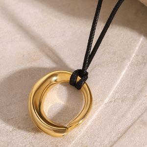 Stainless Steel Geometric Pendant <b>Necklace</b> 18k Gold Plated Openwork Design Black Waxed Cord Jewelry - Product Image 3