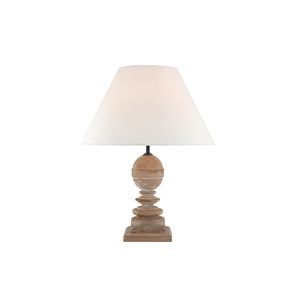 Lampe de table en bois rustique Borealis avec base tournée sculptée et abat-jour en lin blanc pour la chambre à coucher, le salon, la table de chevet, décoration - Product Image 1