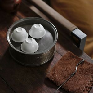 <b>Tin</b> Tea <b>Tray</b> Round Pot Stand For Kung Fu Tea Set With Water Storage Ancient <b>Tin</b> Color Porcelain Teacups Included - Product Image 3