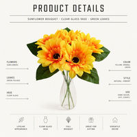 Bouquet de tournesols artificiels en soie avec vase en verre transparent pour la décoration de la maison, des mariages et des événements