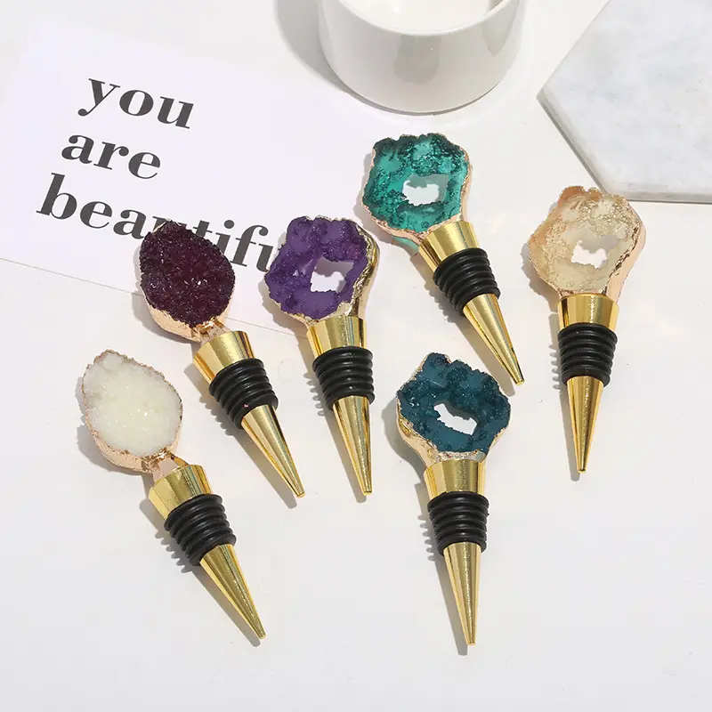 Wholesales bar accessories natural gemstone crystal luxury marble champagne agate gem stone wine stopper