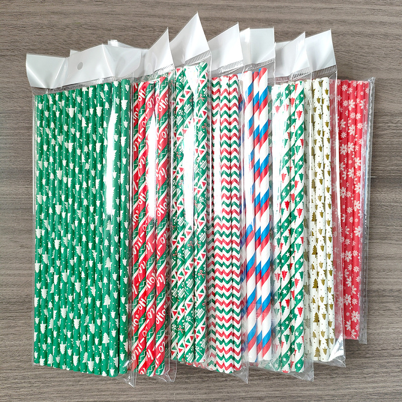 Wholesale Custom Printed Food Grade Disposable Colorful Striped Paper Drinking Straw Christmas Paper Straws