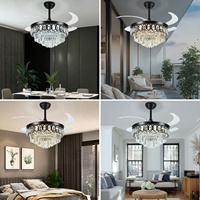 Ventilateur de plafond personnalisé en gros de 42 pouces à 6 vitesses, avec télécommande, en cristal noir, pour hôtel et villa, avec éclairage intégré