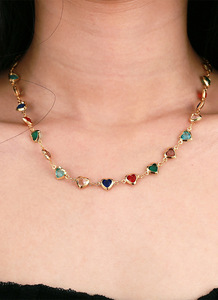 Gold Plated Heart Shape Crystal <b>Charm</b> Necklace Multicolor Link Chain Unisex Jewelry Gift - Product Image 4