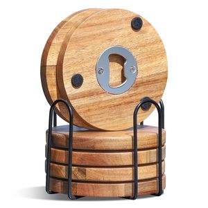 Sottobicchieri in legno per bevande con apribottiglie Set di 6, sottobicchieri in legno di Acacia per <span class=keywords><strong>tavolino</strong></span> tavolo <span class=keywords><strong>da</strong></span> pranzo scrivania - Product Image 1