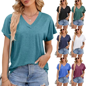 Camiseta Holgada de Manga Corta para Mujer, Cuello en V, Color Sólido, Tejido de Punto Transpirable de Secado Rápido, Venta al Por Mayor - Product Image 1
