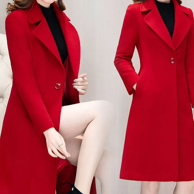 Custom Elegant Turn Down Collar Wool Coats Solid Color Belted Long Cashmere Coat Women