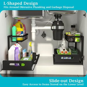Organizador de Gabinete Extraíble de Doble Nivel, Estante Deslizable de Acero para Fregadero, para Cocina y Baño, Diseño OEM, Embalaje en Caja - Product Image 2