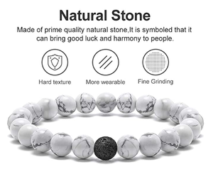 8mm <strong>Gem</strong> Semi-Precious White Howlite Black Lava <strong>Stone</strong> Diffuser <strong>Bracelet</strong> Beaded Stretch Couples Friendship <strong>Bracelet</strong> for Women Men - Product Image 2
