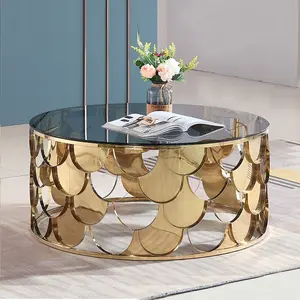 Mobília da sala de estar de Luxo moderno tampo de vidro mesa de café redonda base de aço inoxidável de ouro