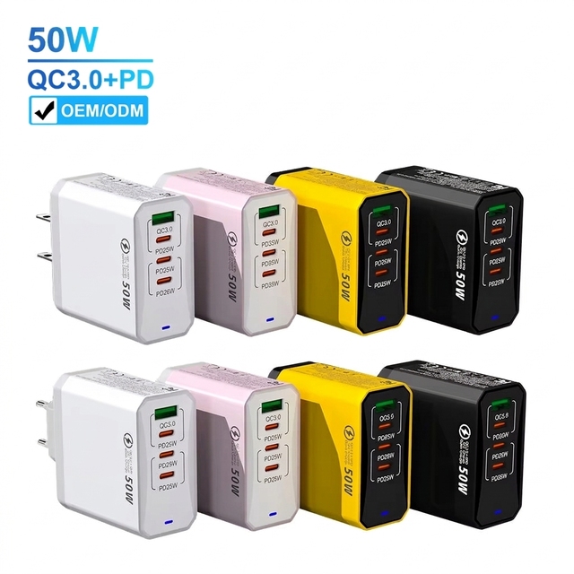 Justlink PD QC 50W 4-Ports Fast Charging USB Charger Type C Adapter Wall Charger Power Supply Station Desktop Charger for Phone
