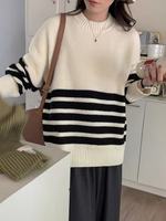 Pull en cachemire rayé personnalisé pour femme, ample et chaud, col semi-montant, idéal pour l'automne et l'hiver.