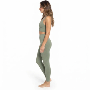 Ensemble de yoga côtelé pour femme, 2 pièces : Leggings taille haute et brassière de sport à col rond, sans couture, respirant, vert uni, tenue de sport - Product Image 3