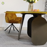 Nouvelle table à manger ronde minimaliste en verre composite avec plateau en verre à motif de roche, à deux volets, pivotante, longue et élégante