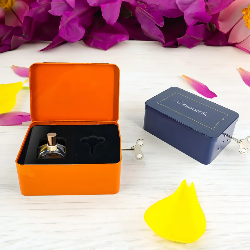 Jinyuanbao wholesale luxury orange hinged lid gift packaging tin boxes for perfume /wallet/food storage/jewelry