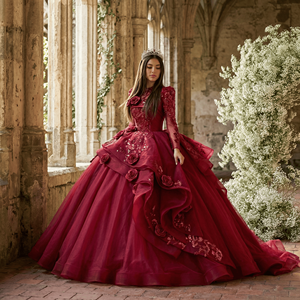 Robe de bal rouge à manches longues Xs263, robe de mariée moderne avec appliques de perles de cristal, dos nu, pour occasions spéciales - Product Image 1