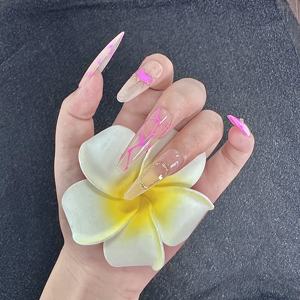 Faux ongles longs à presser effet stiletto, <span class=keywords><strong>rose</strong></span> nude, avec décoration française et ligne néon <span class=keywords><strong>rose</strong></span>, pour femme, idéal pour les soirées – Direct Usine - Product Image 2