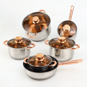 Vente en gros d'ustensiles de cuisine pour la maison Marmite en acier inoxydable <span class=keywords><strong>capsule</strong></span> dorée 12 pièces Batterie de cuisine antiadhésive <span class=keywords><strong>avec</strong></span> couvercle en verre - Product Image 6