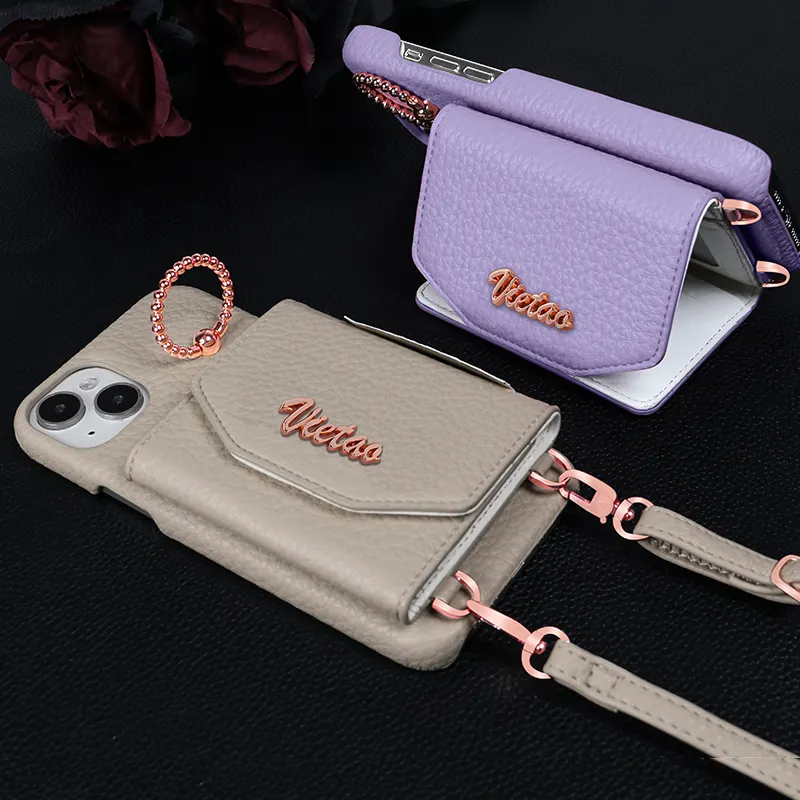 Vietao Pebble da thẻ Wallet trường hợp điện thoại với Finger Ring cho Iphone 15 cộng với PU Leather Purse điện thoại di động bìa với dây đeo