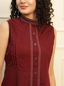 Solid Cotton Tucks A-Line Shirt <b>Dress</b> for Women Mandarin Collar <b>Sleeveless</b> Ankle Length Regular Fit <b>Summer</b> Western Party Casual - Product Image 3