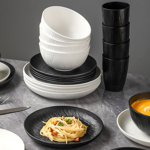 Dinnerware Set Modern Stone Texture Unbreakable Wheat Fiber Plastic <b>Plates</b> Bowls Set <b>Black</b> White for Home Restaurant Hotel Use - Product Image 1