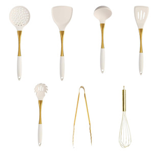White Gold Handle Silicone Kitchen Utensils 8-Piece Set Heat Resistant Non-Stick Cooking Spatula Spoon <b>Tool</b> - Product Image 4
